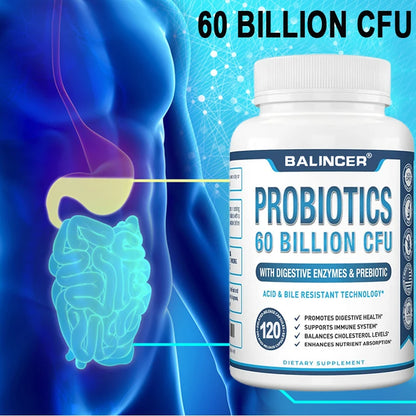 Probiotic + Prebiotic Supplements - Contains Digestive Enzymes To Support Digestive Health and The Immune System