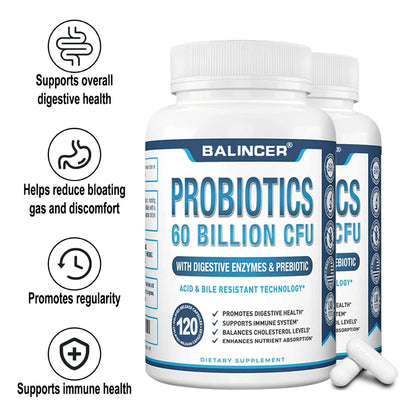 Probiotic + Prebiotic Supplements - Contains Digestive Enzymes To Support Digestive Health and The Immune System
